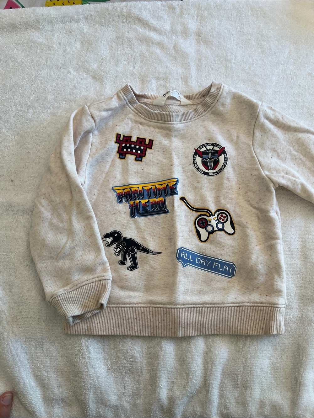 H&M Cream Kids Gaming & Dino Sweatshirt with Colorful Patches